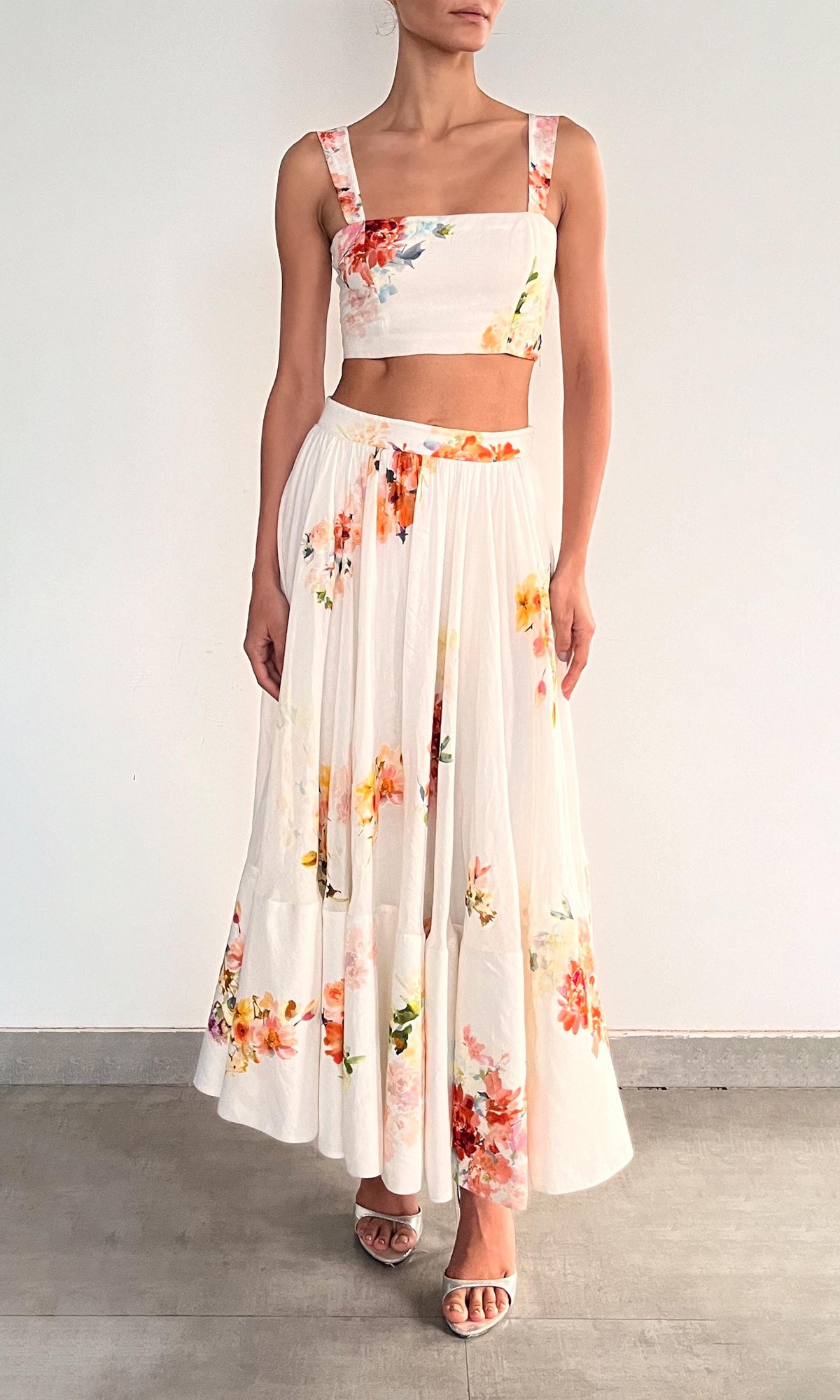 Hemant And Nandita | Inv Viscose Organza Linen Midi Skirt | Ivory Floral