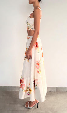 Hemant And Nandita | Inv Viscose Organza Linen Midi Skirt | Ivory Floral