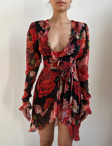 Hemant & Nandita | Deep V-Neck Long-Sleeve Printed Short Dress | Black