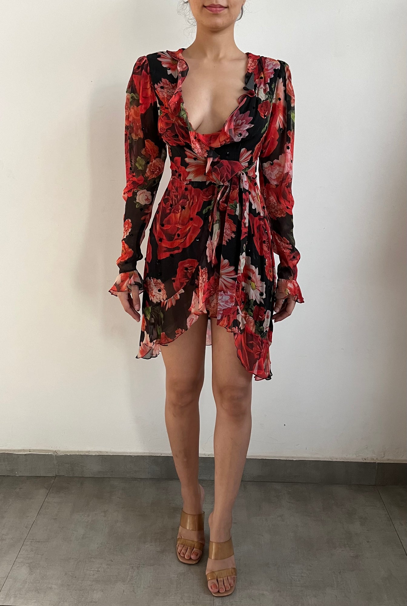 Hemant & Nandita | Deep V-Neck Long-Sleeve Printed Short Dress | Black