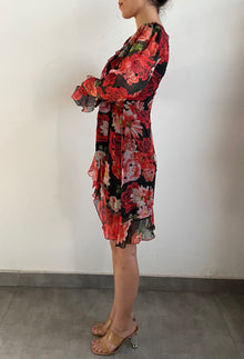 Hemant & Nandita | Deep V-Neck Long-Sleeve Printed Short Dress | Black
