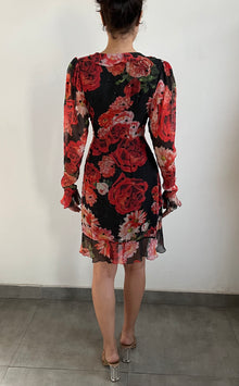 Hemant & Nandita | Deep V-Neck Long-Sleeve Printed Short Dress | Black