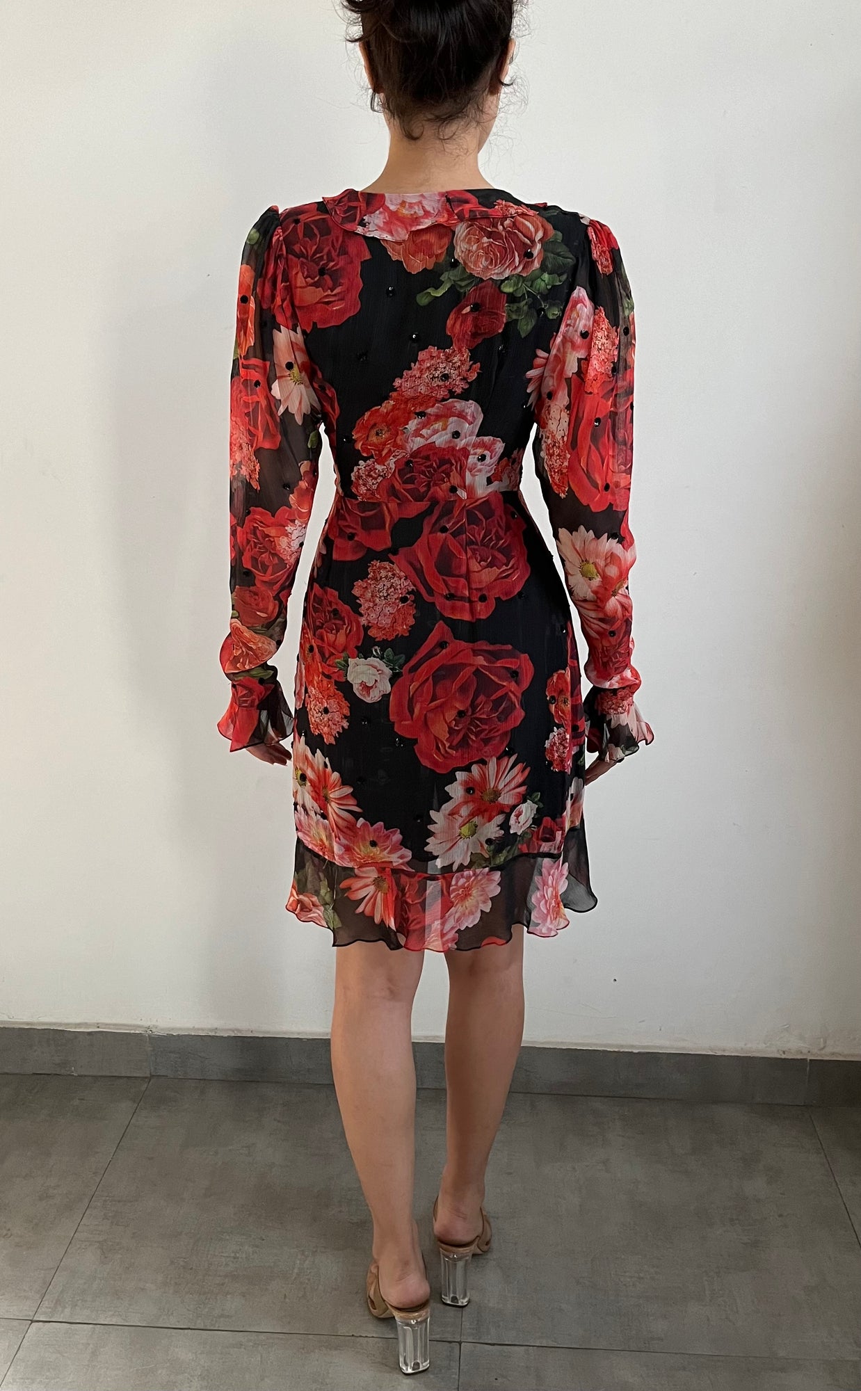 Hemant & Nandita | Deep V-Neck Long-Sleeve Printed Short Dress | Black