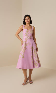 Womens | Jiah Linen Cotton Midi Dress With Buckle Belt | Lilac