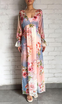 Womens | Kavi Georgette Jacquard Kaftan | Blue/Pink Floral