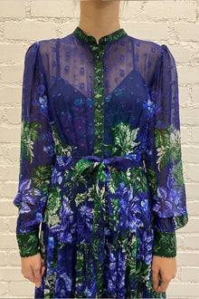 Mandarin Collar Long Sleeve Long Dress | Blue Floral