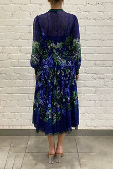 Mandarin Collar Long Sleeve Long Dress | Blue Floral