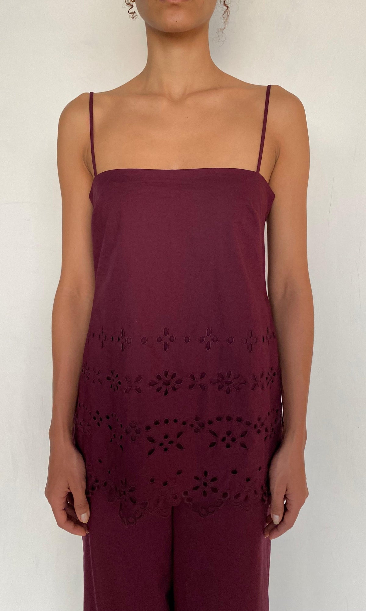 Womens | Mahi Cotton Schiffly High Slit Top | Burgundy