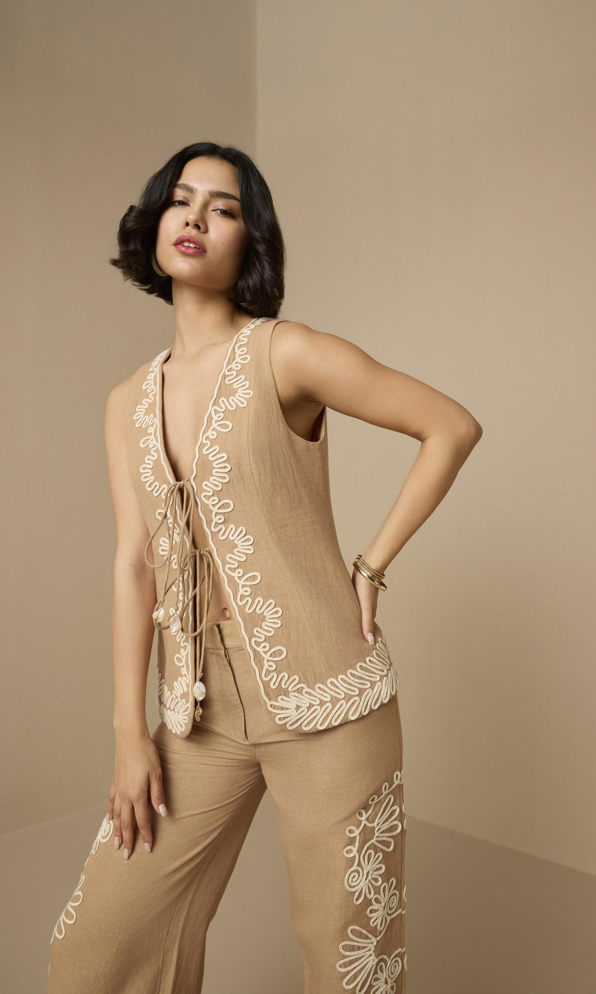 Womens | Mihi Linen Cotton Vest | Brown Off White