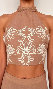 Womens | Mihi Linen Cotton Halter Neck Top | Brown Off White