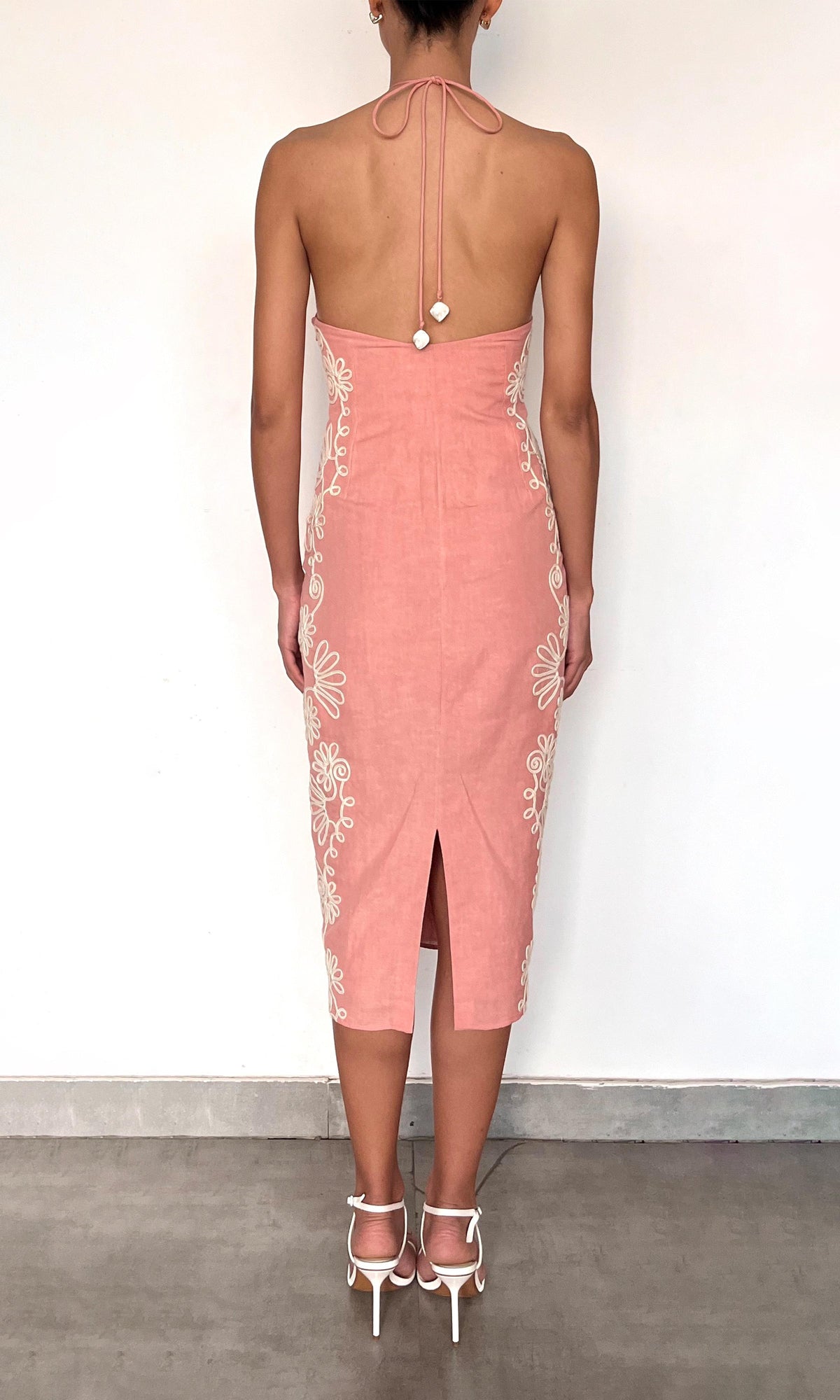 Womens | Mihi Linen Cotton Midi Dress | Coral Off White
