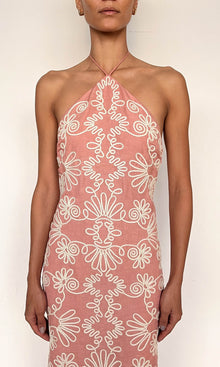 Womens | Mihi Linen Cotton Midi Dress | Coral Off White