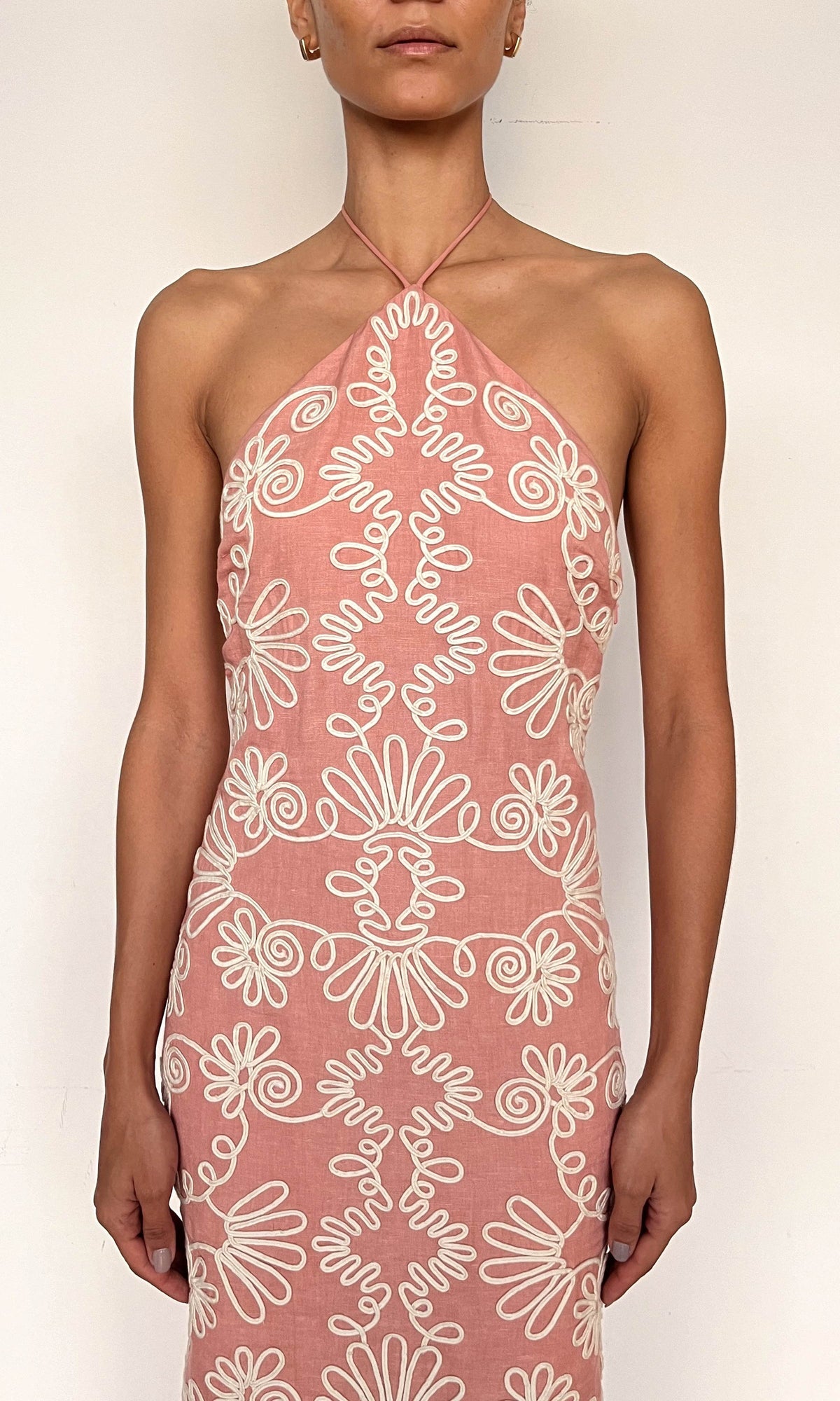 Womens | Mihi Linen Cotton Midi Dress | Coral Off White
