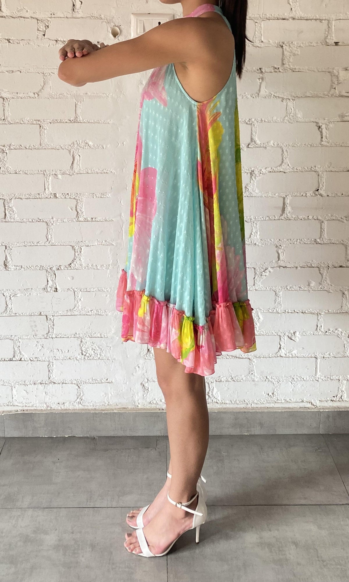 Hemant And Nandita | Mina Viscose Georgette Buta Jacquard Short Dress | Blue Floral