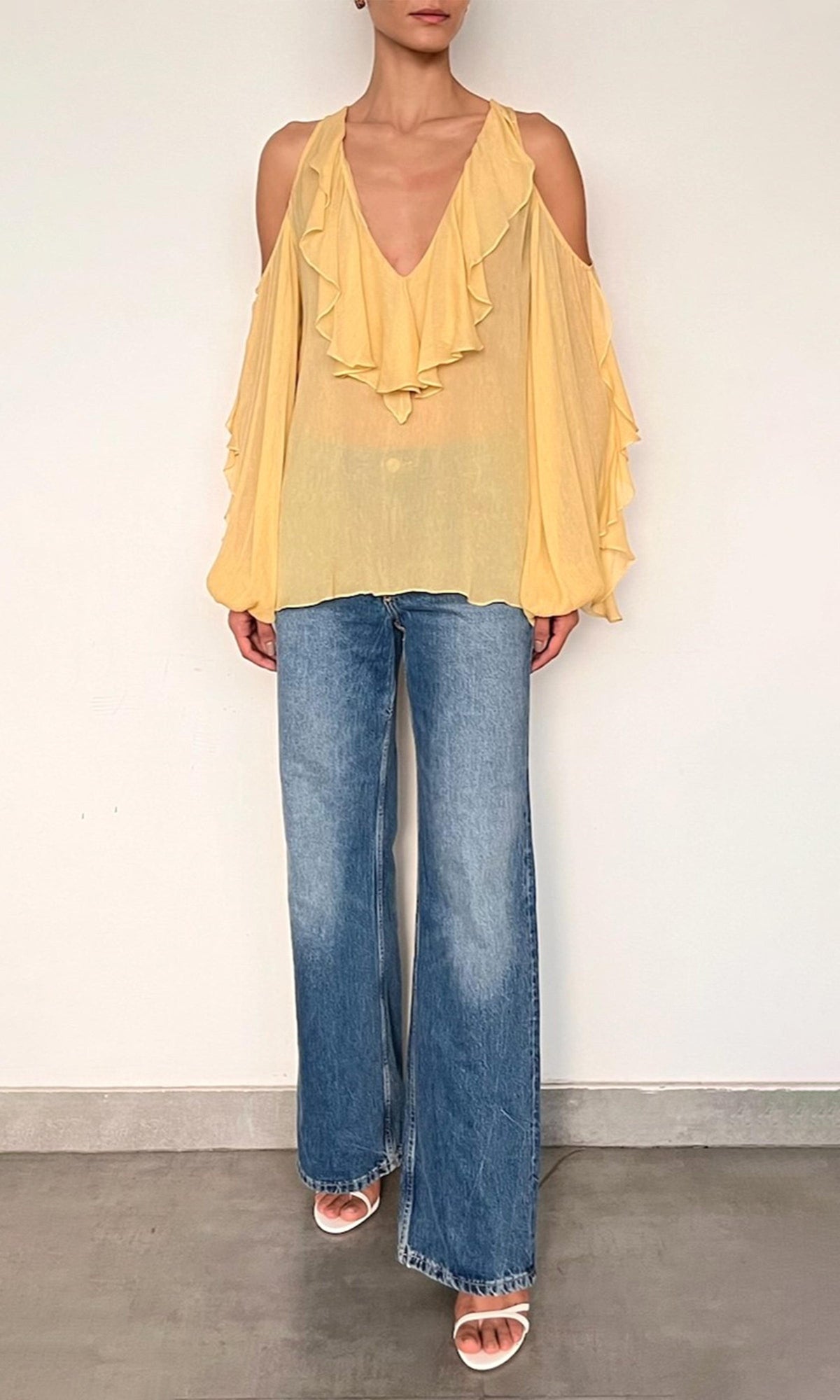 Womens | Nain Viscose Flat Chiffon Cold Shoulder Ruffle Top | Yellow