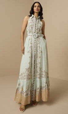 Hemant And Nandita | Navi Viscose Organza Linen Long Shirt Dress With Buckle Belt | Blue Brown