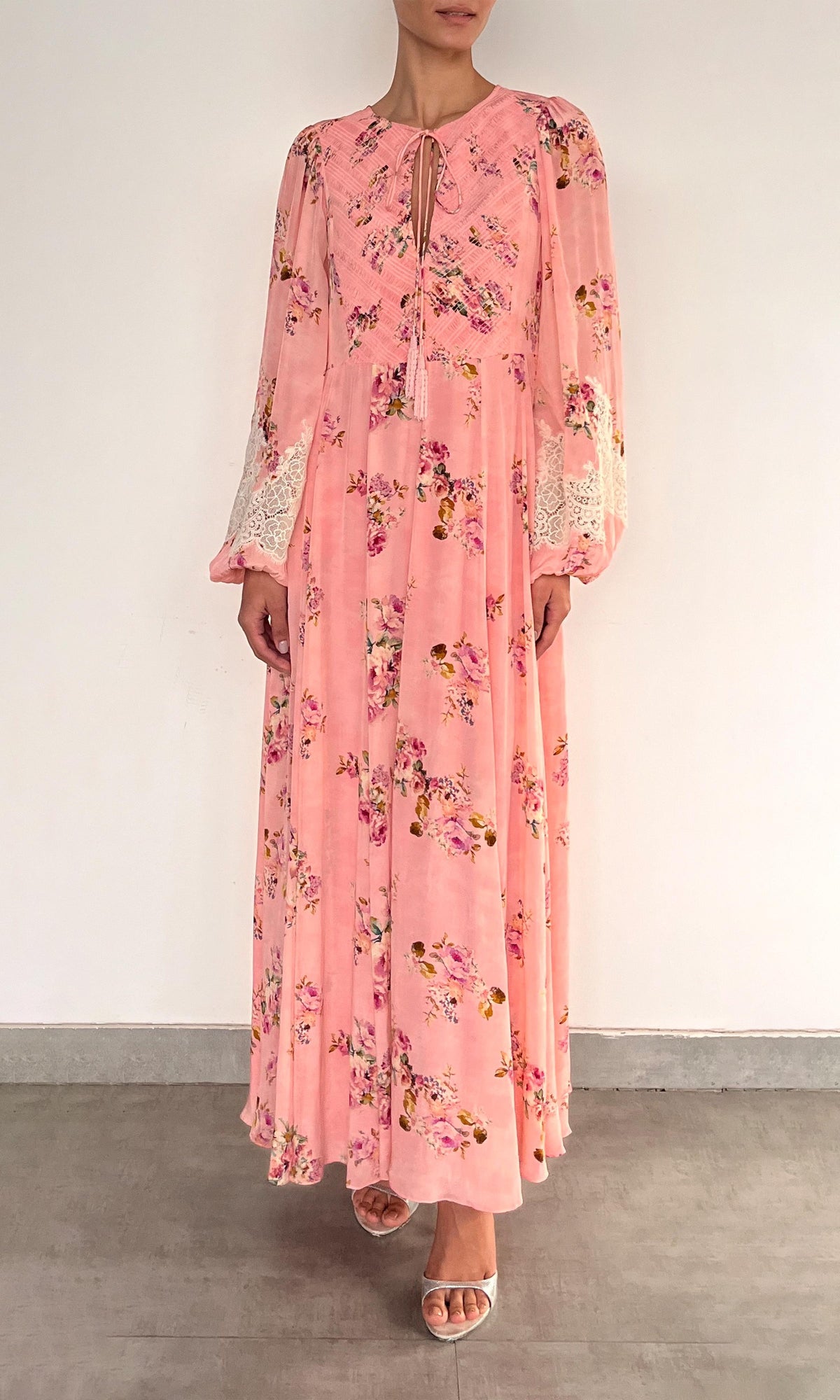 Hemant And Nandita | Niva Viscose Natural Crepe Maxi Kaftan | Pink Floral