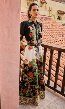 Hemant And Nandita | Pahi Linen Cotton Long Shirt Dress With Handcrafted Button And Buckle Belt | Black Offwhite Floral