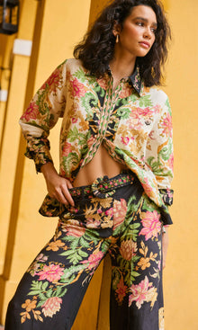 Hemant And Nandita | Pahi Linen Cotton Oversized Shirt With Handcrafted Buttons | Black Offwhite Floral