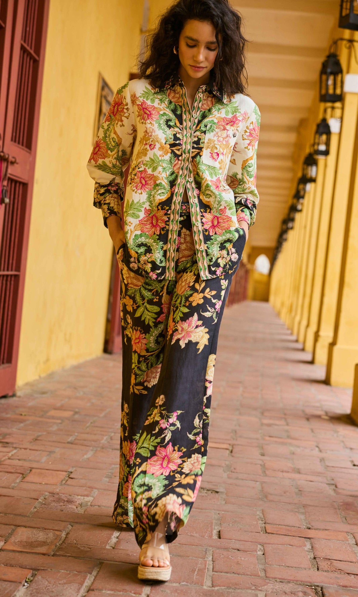 Hemant And Nandita | Pahi Linen Cotton Oversized Shirt With Handcrafted Buttons | Black Offwhite Floral