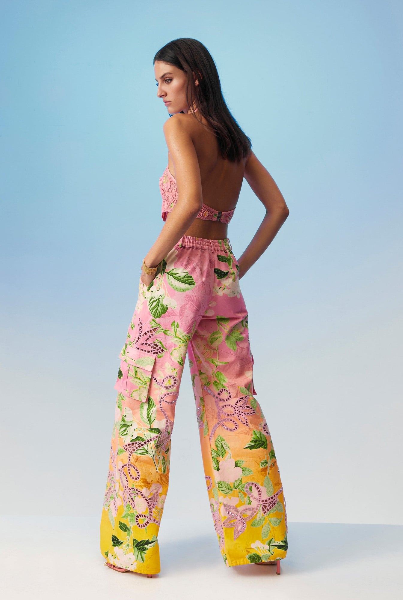 Hemant & Nandita | Pakhi Floral Cargo Pants | Pink/Yellow Ombre