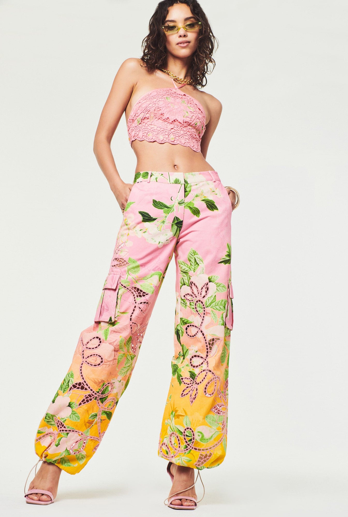 Hemant & Nandita | Pakhi Floral Cargo Pants | Pink/Yellow Ombre