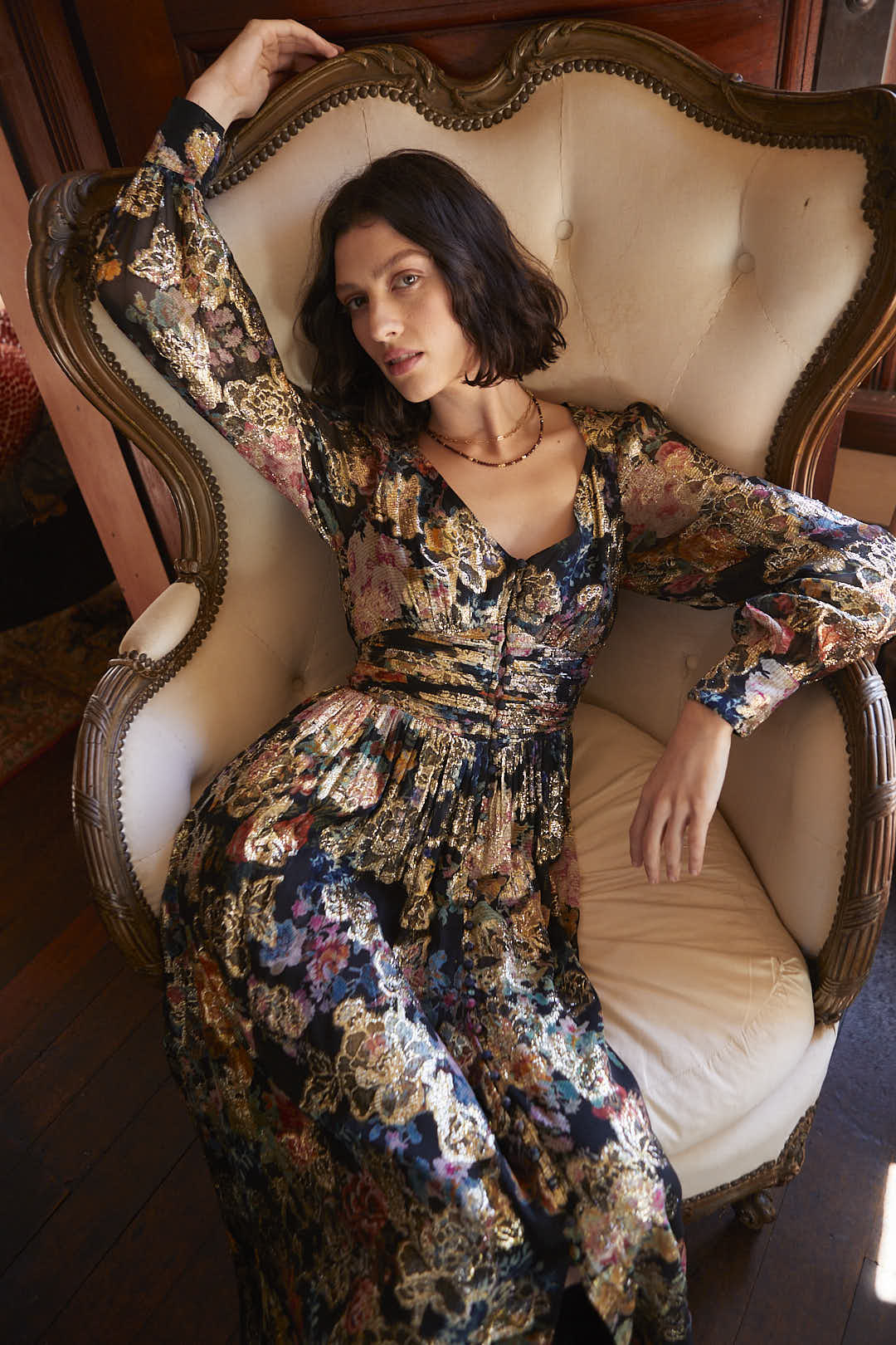 Hemant & Nandita | Rafa Lurex Floral Long Dress | Black
