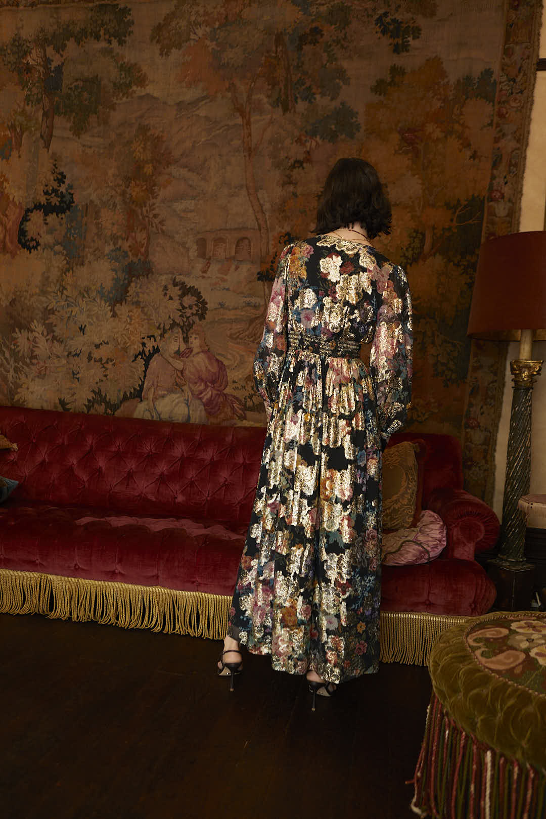Hemant & Nandita | Rafa Lurex Floral Long Dress | Black