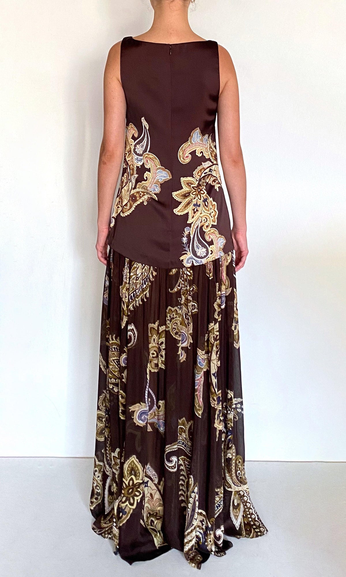 Hemant And Nandita | Reem Polyester Double Satin Low Armhole Maxi Dress | Brown