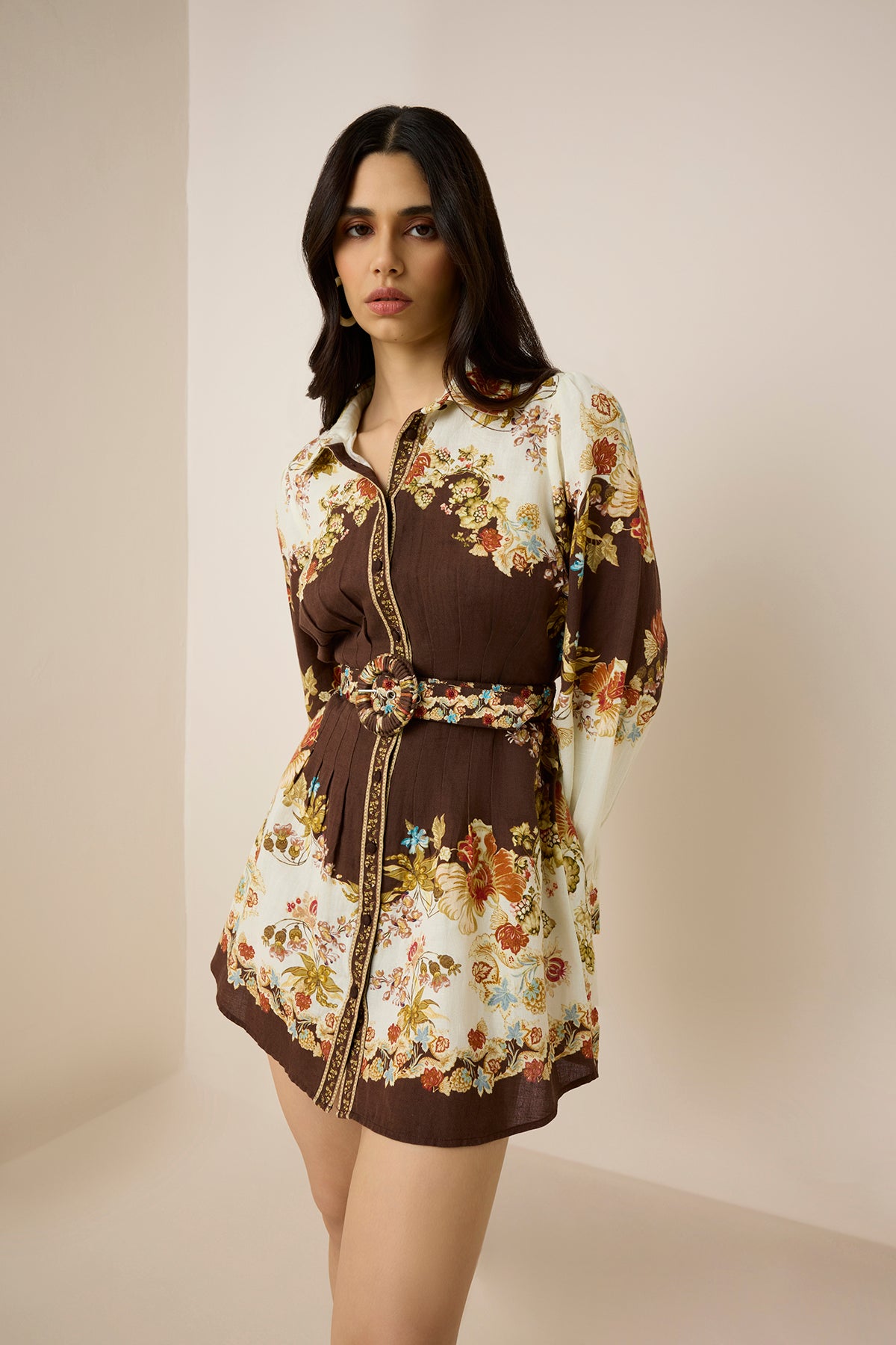 Short Dress With Buckle Belt | Brown Mix