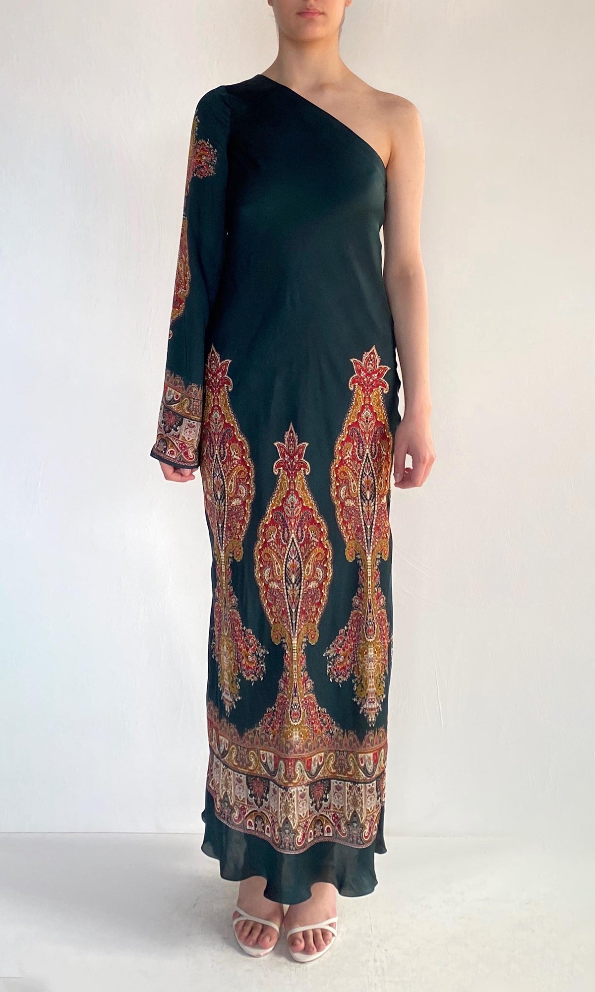 Hemant And Nandita | Ruza Polyester Satin One Shoulder Bias Maxi Dress | Green Multi