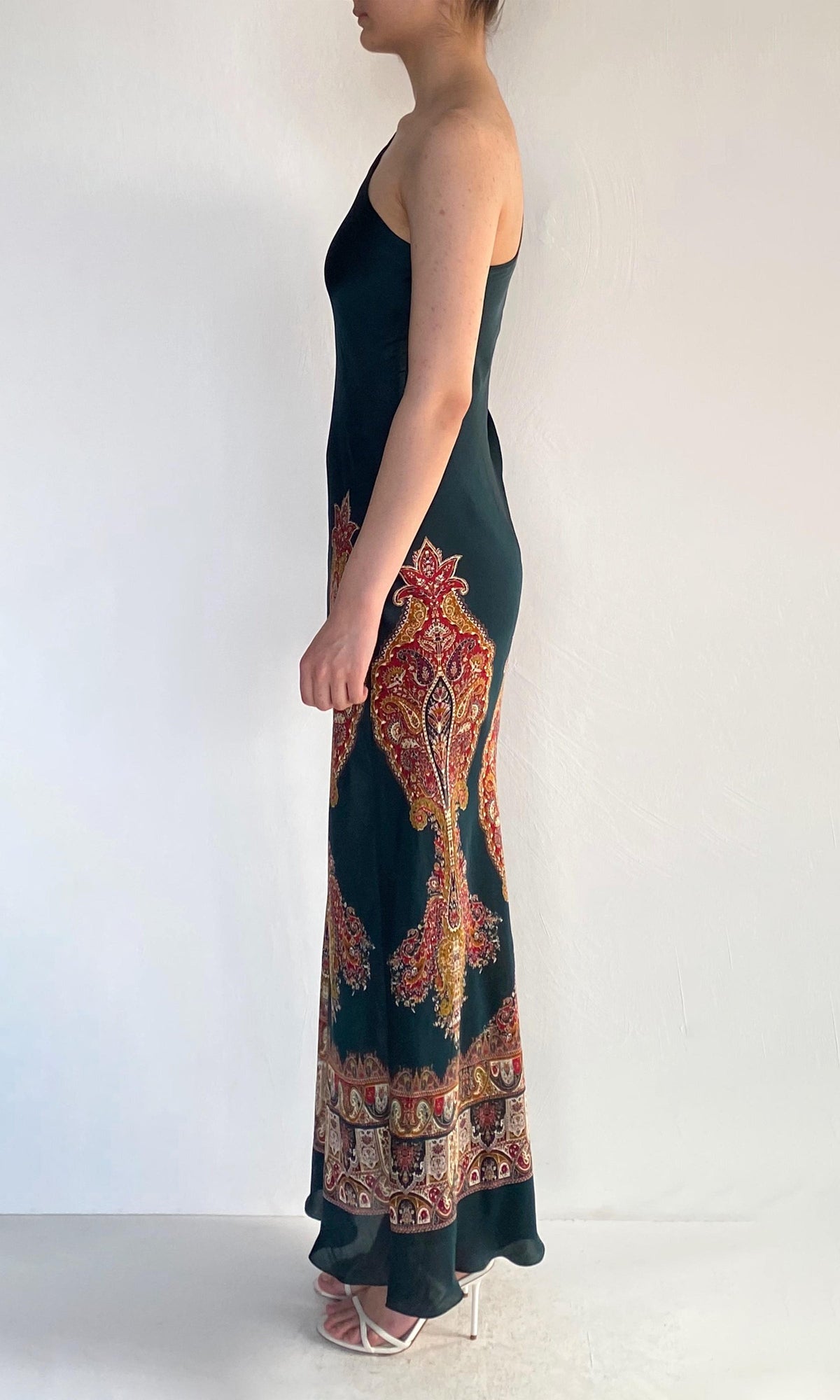 Hemant And Nandita | Ruza Polyester Satin One Shoulder Bias Maxi Dress | Green Multi