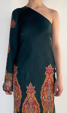 Hemant And Nandita | Ruza Polyester Satin One Shoulder Bias Maxi Dress | Green Multi