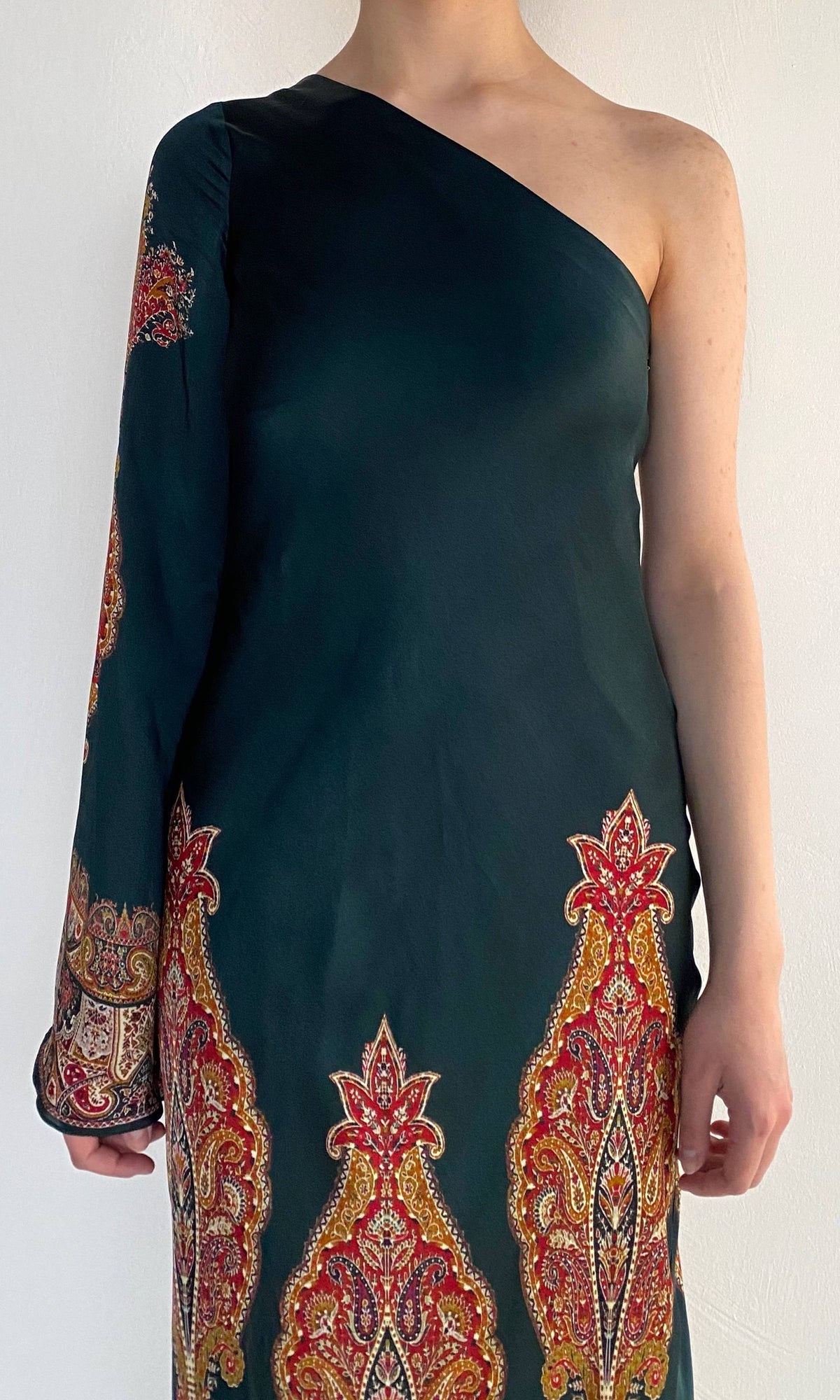 Hemant And Nandita | Ruza Polyester Satin One Shoulder Bias Maxi Dress | Green Multi