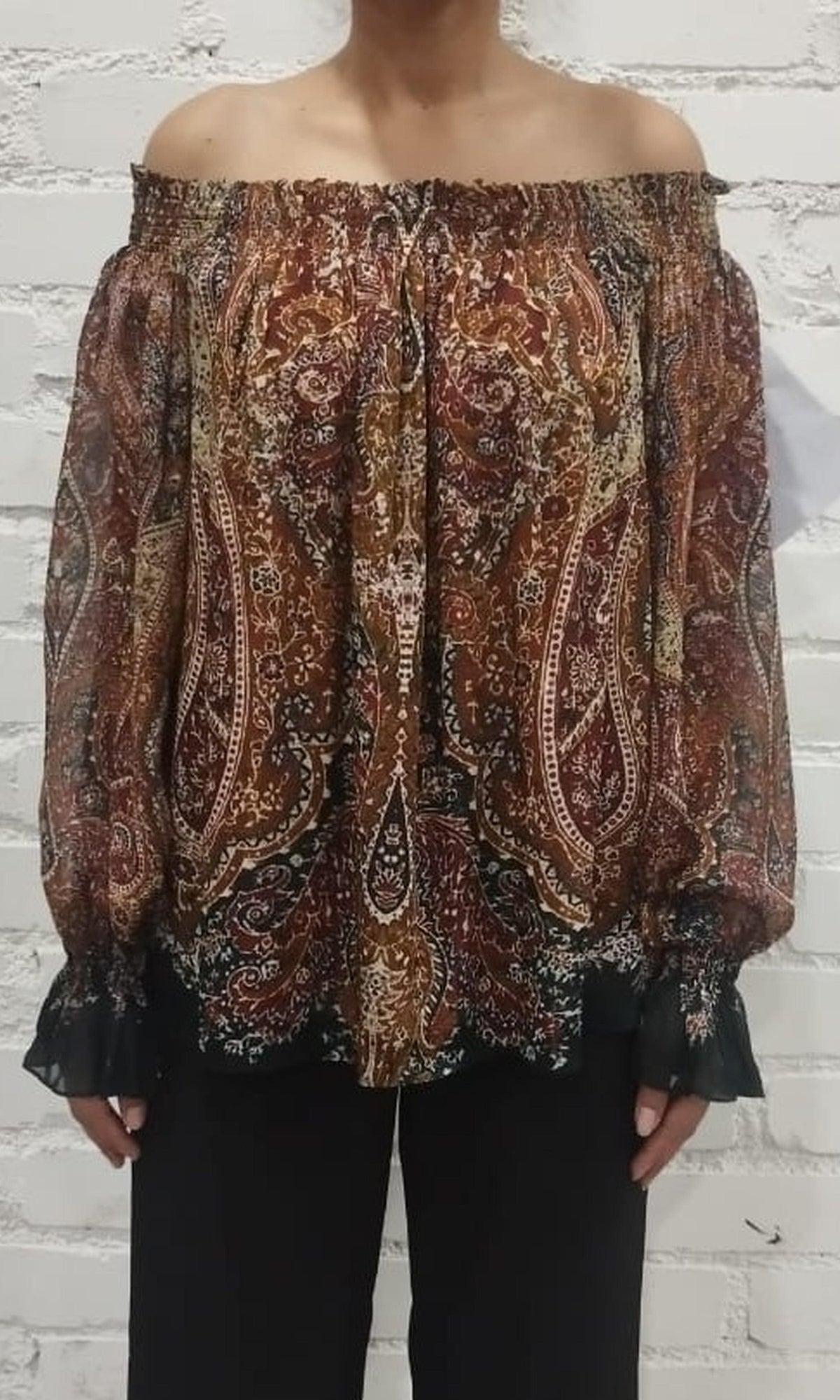 Womens | Ruza Viscose Flat Chiffon Smocked Detailed Off Shoudler Top | Green Multi