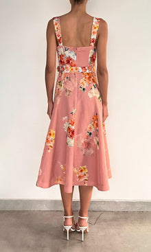 Hemant And Nandita | Saba Linen Cotton Midi Dress With Buckle Belt | Peach Floral