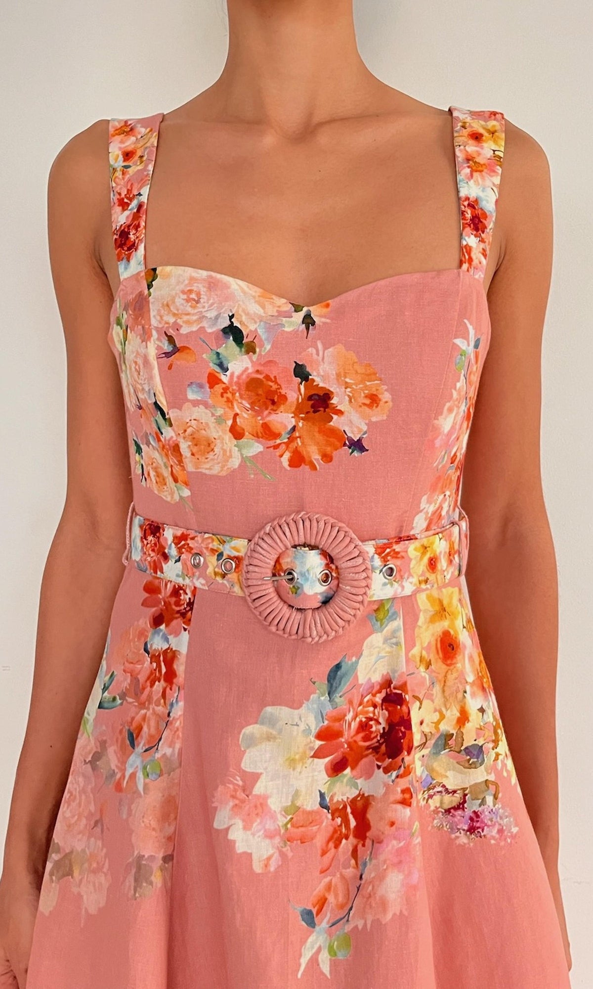 Hemant And Nandita | Saba Linen Cotton Midi Dress With Buckle Belt | Peach Floral
