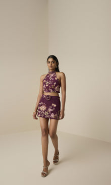 Hemant And Nandita | Savi Linen Cotton Mini Skirt With Buckle Belt | Burgundy Floral
