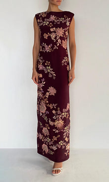 Hemant And Nandita | Savi Heavy Crepe Maxi Dress | Burgundy Floral