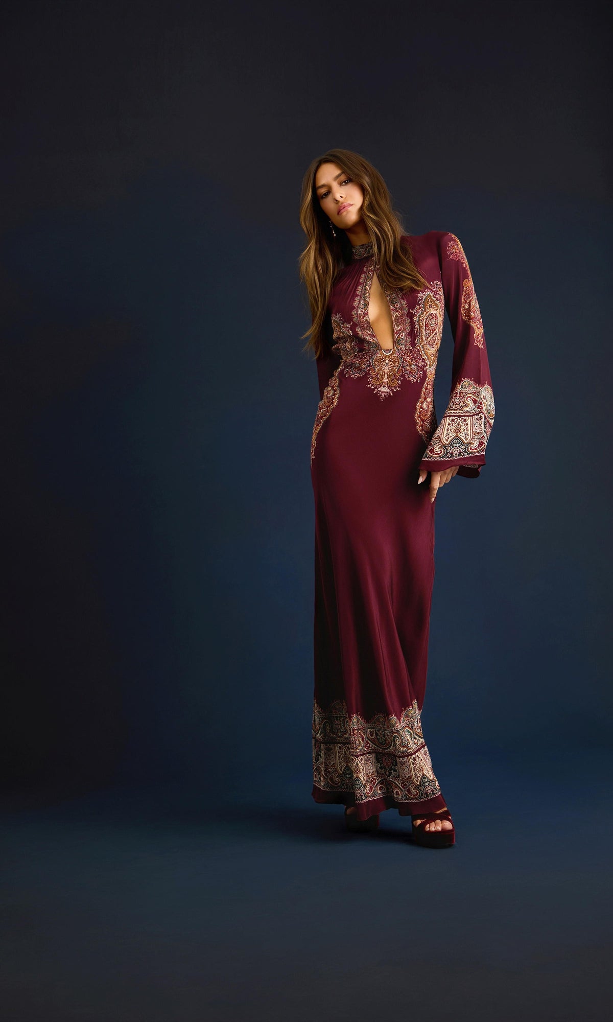 Womens | Shifa Viscose Crepe Long Dress | Burgundy