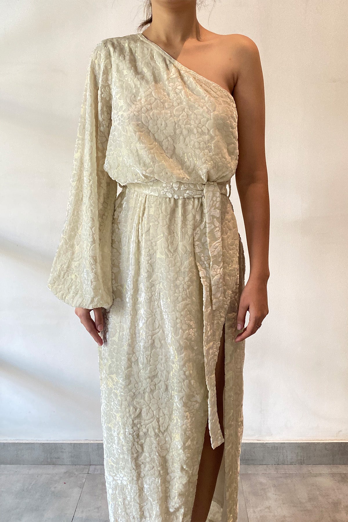 One Shoulder Long Sleeve Long Dress | White