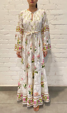 Hemant And Nandita | Taha Viscose Georgette Flower Jacquard Long Dress With Tie Up Belt | White Floral