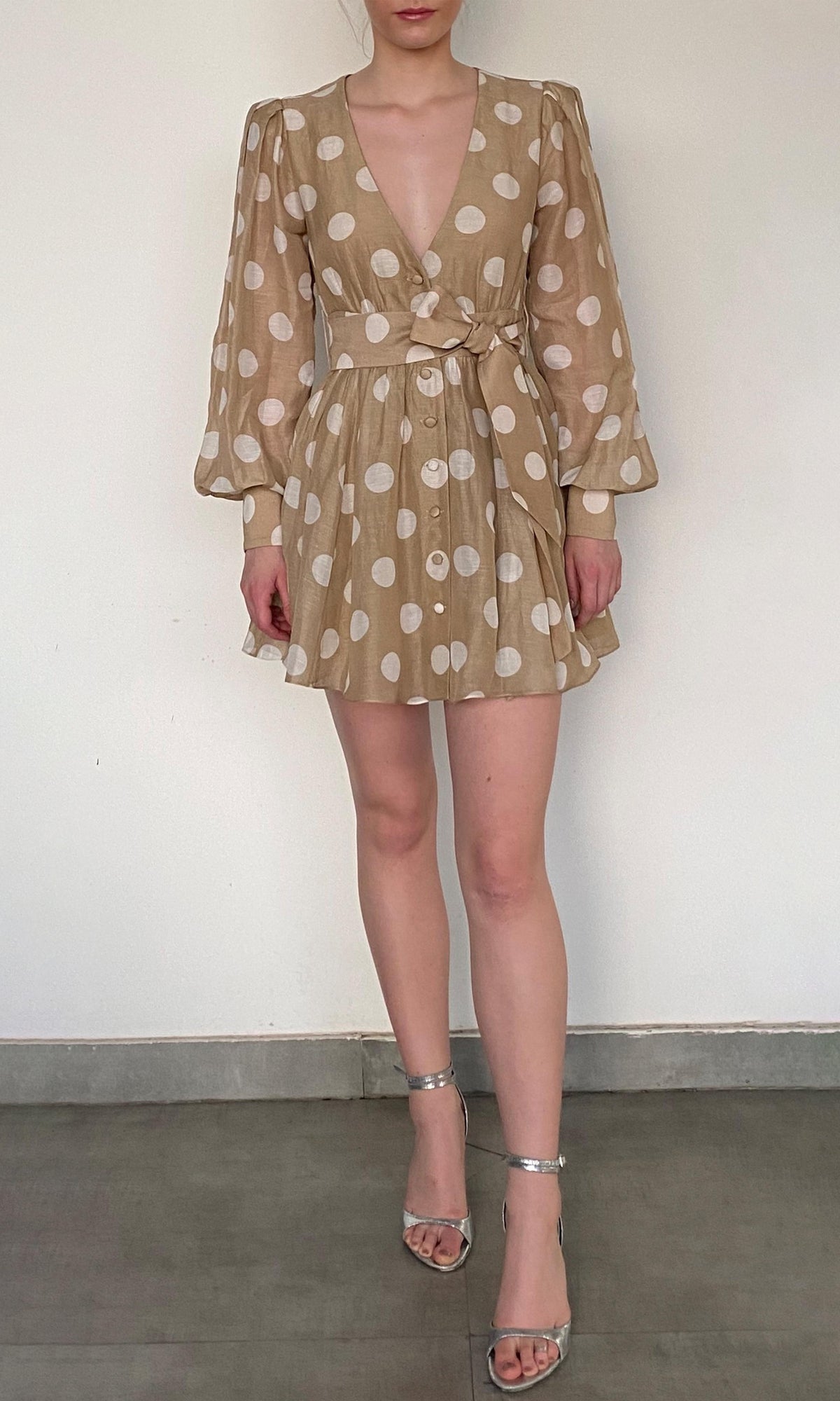 Hemant And Nandita | Tira Viscose Linen Organza Short Dress With Tie Up Belt | Brown White