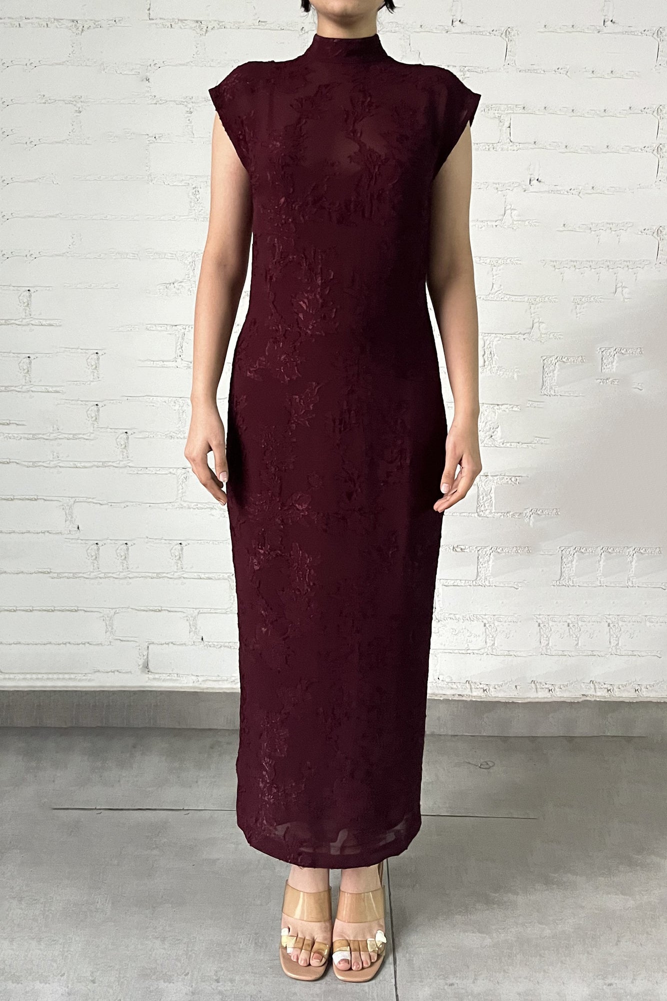 Slim Fit Long Dress With Slip | Burgundy