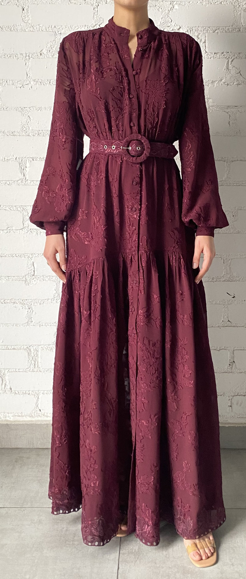 Hemant & Nandita | Tiya Round-Neck Button-Down Long Dress | Burgundy