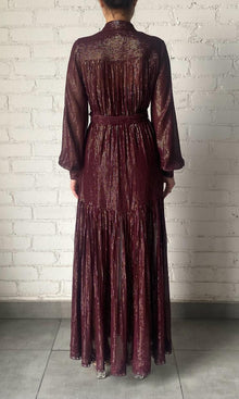 Hemant And Nandita | Tiya Viscose Georgette Gold Silver Stripe Lurex Long Dress With Buckle Belt | Burgundy