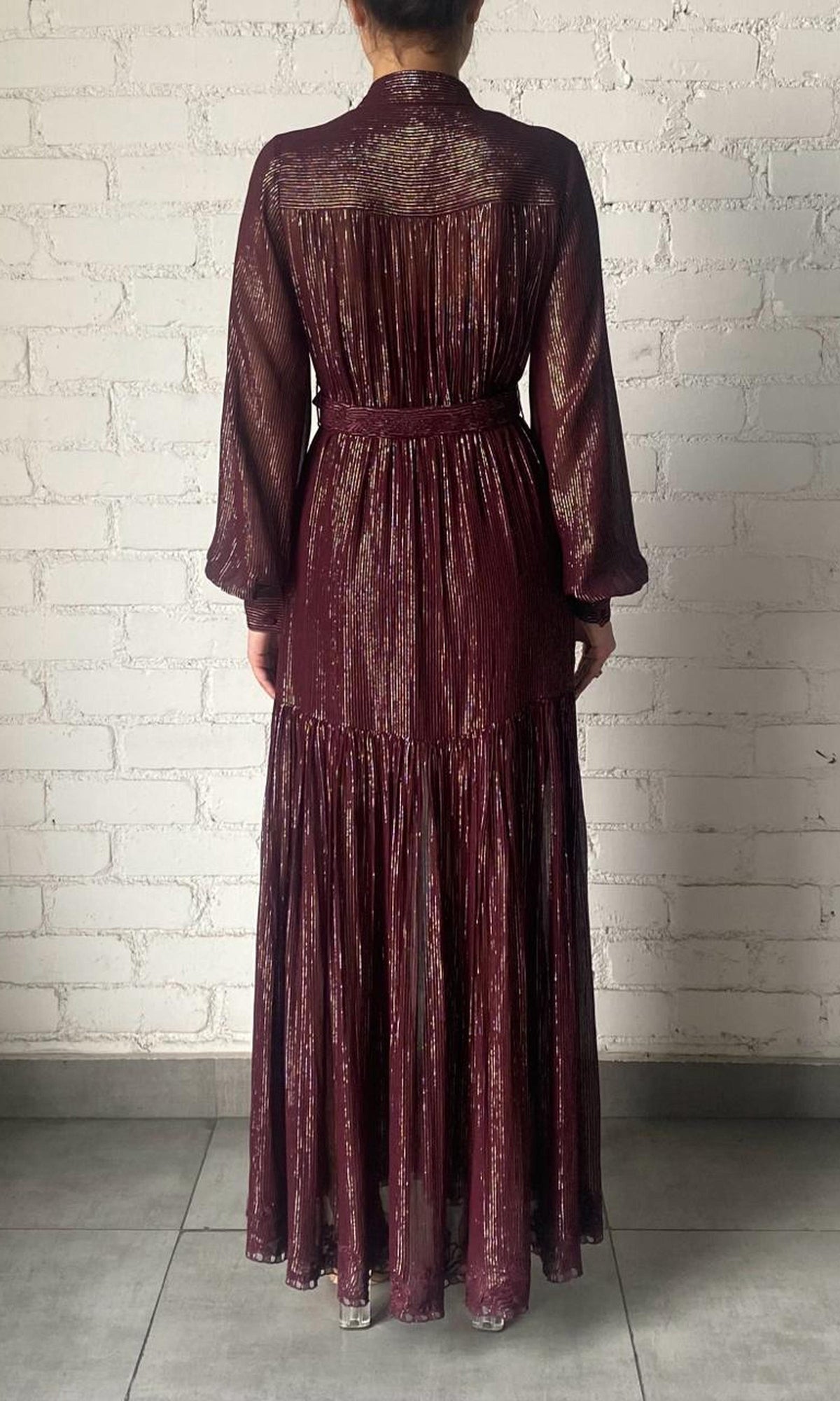 Hemant And Nandita | Tiya Viscose Georgette Gold Silver Stripe Lurex Long Dress With Buckle Belt | Burgundy