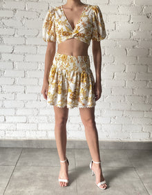 Hemant & Nandita | Tora V-Neck Short Puff-Sleeve Crop Top | Off-White Multi