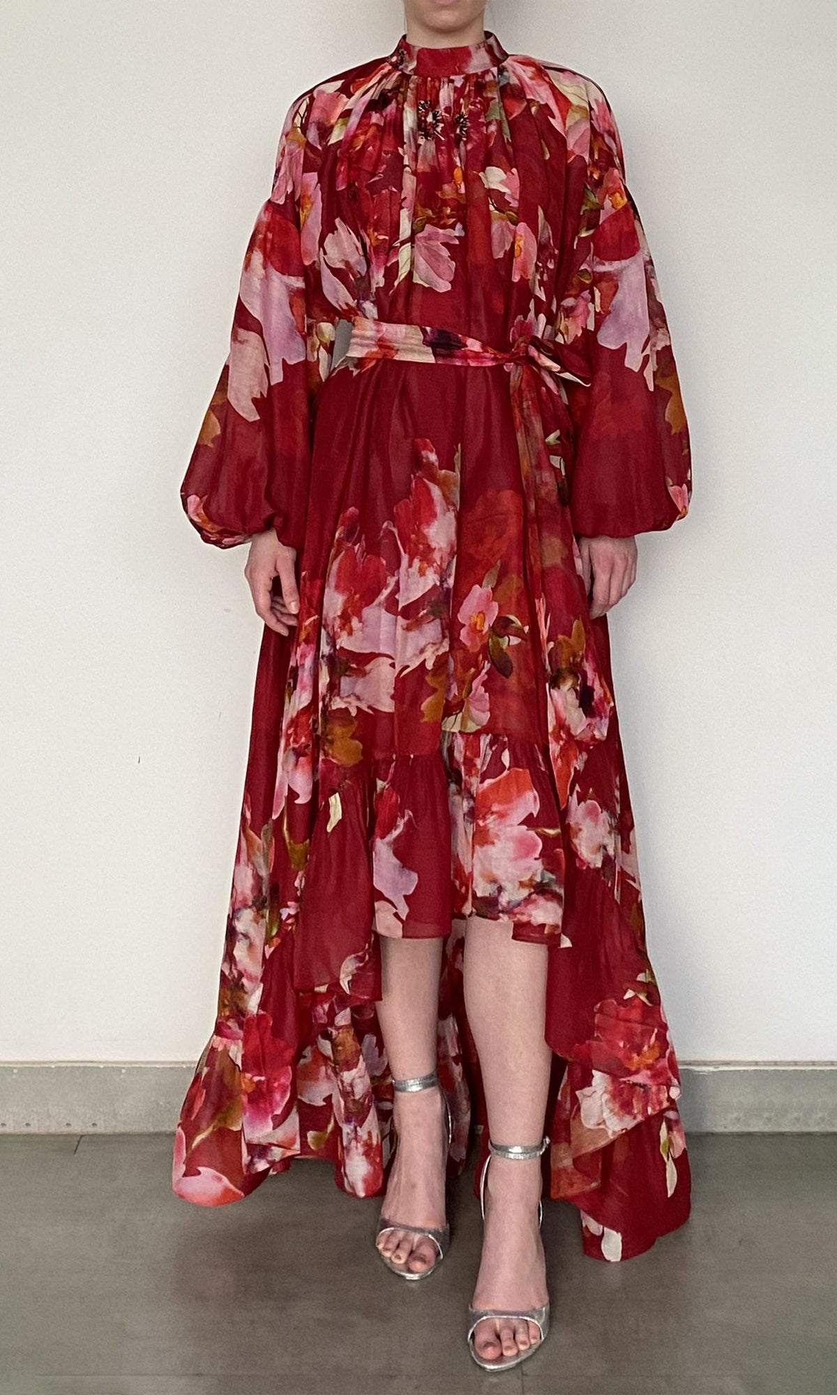 Hemant And Nandita | Tuhi Viscose Linen Organza High Low Long Dress With Braided Belt And Slip | Burgundy Multi