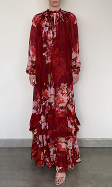 Hemant And Nandita | Tuhi Viscose Flat Chiffone Maxi Dress | Burgundy Multi